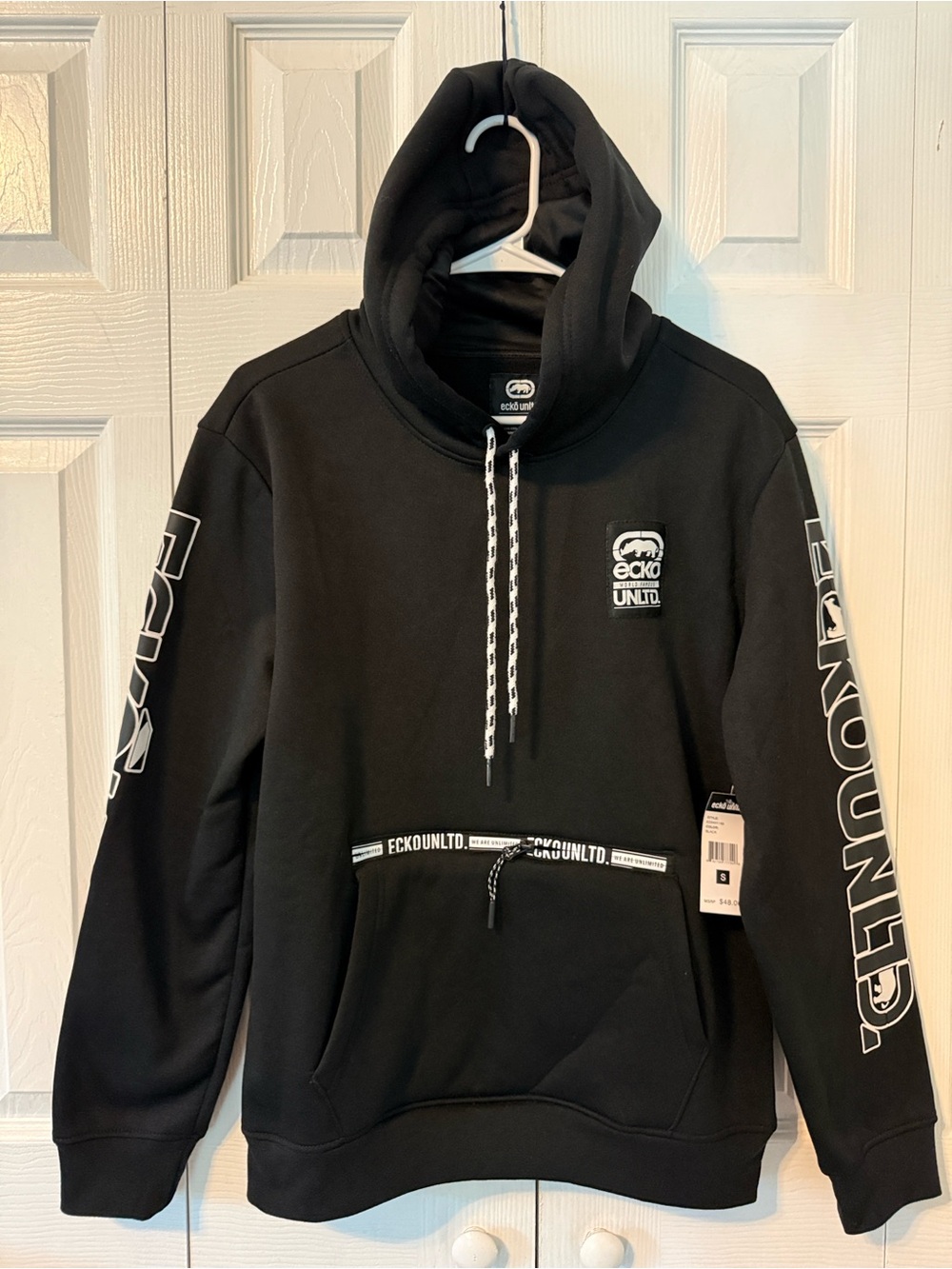 NWT Ecko Unlimited Black Pullover Hoodie with White Logo Accents Sz S